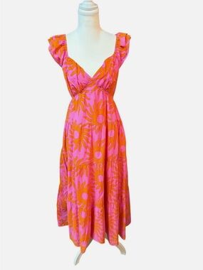 J. Marie NWT V-Neck Pink Maxi Dress with Orange Sunburst Print